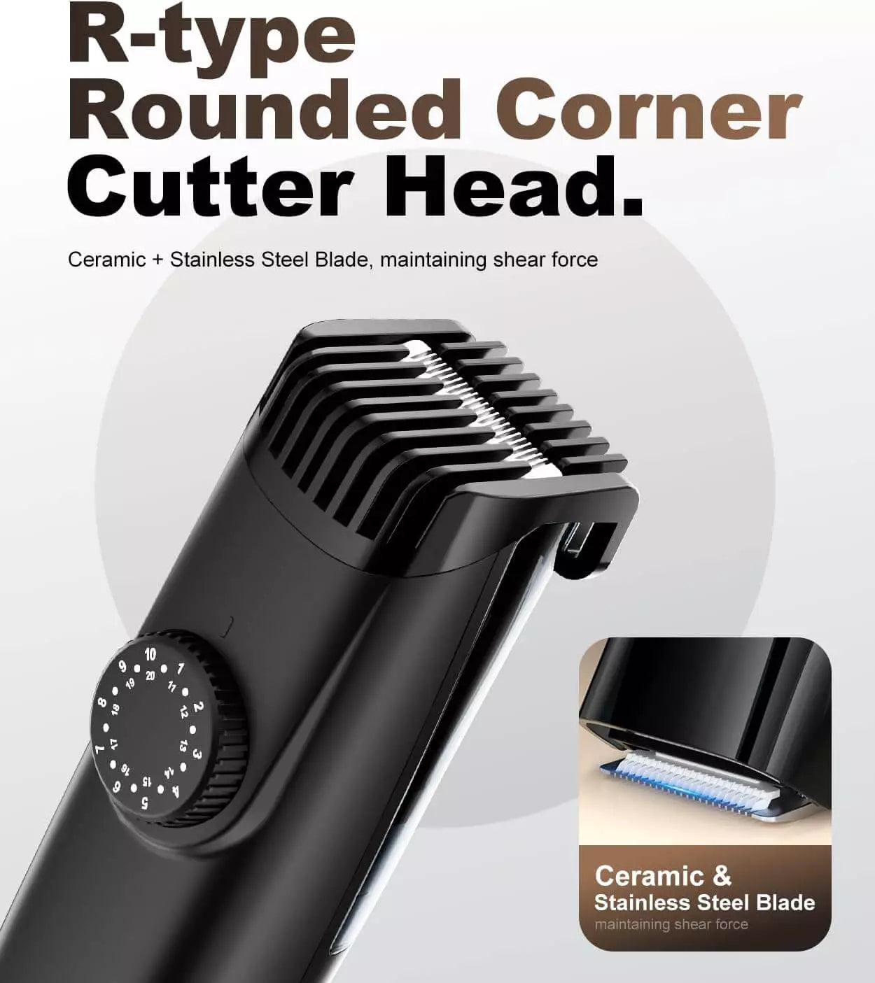 Rounded ceramic and stainless steel blade on the BeardVac trimmer
