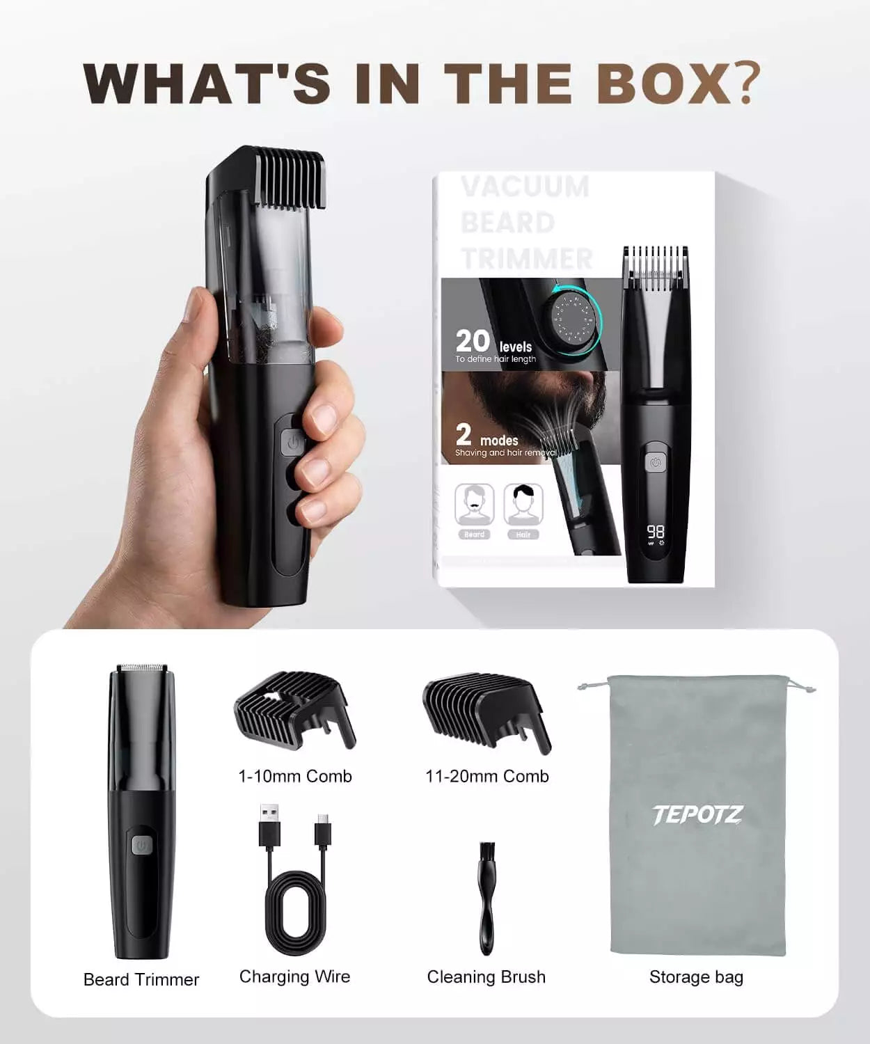 TEPOTZ BeardVac Precision trimmer and included accessories