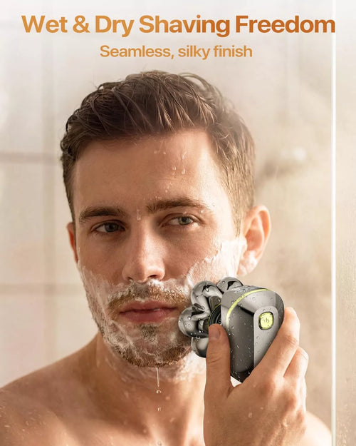 Man using the BaldCare Pro 120 for wet shaving with foam