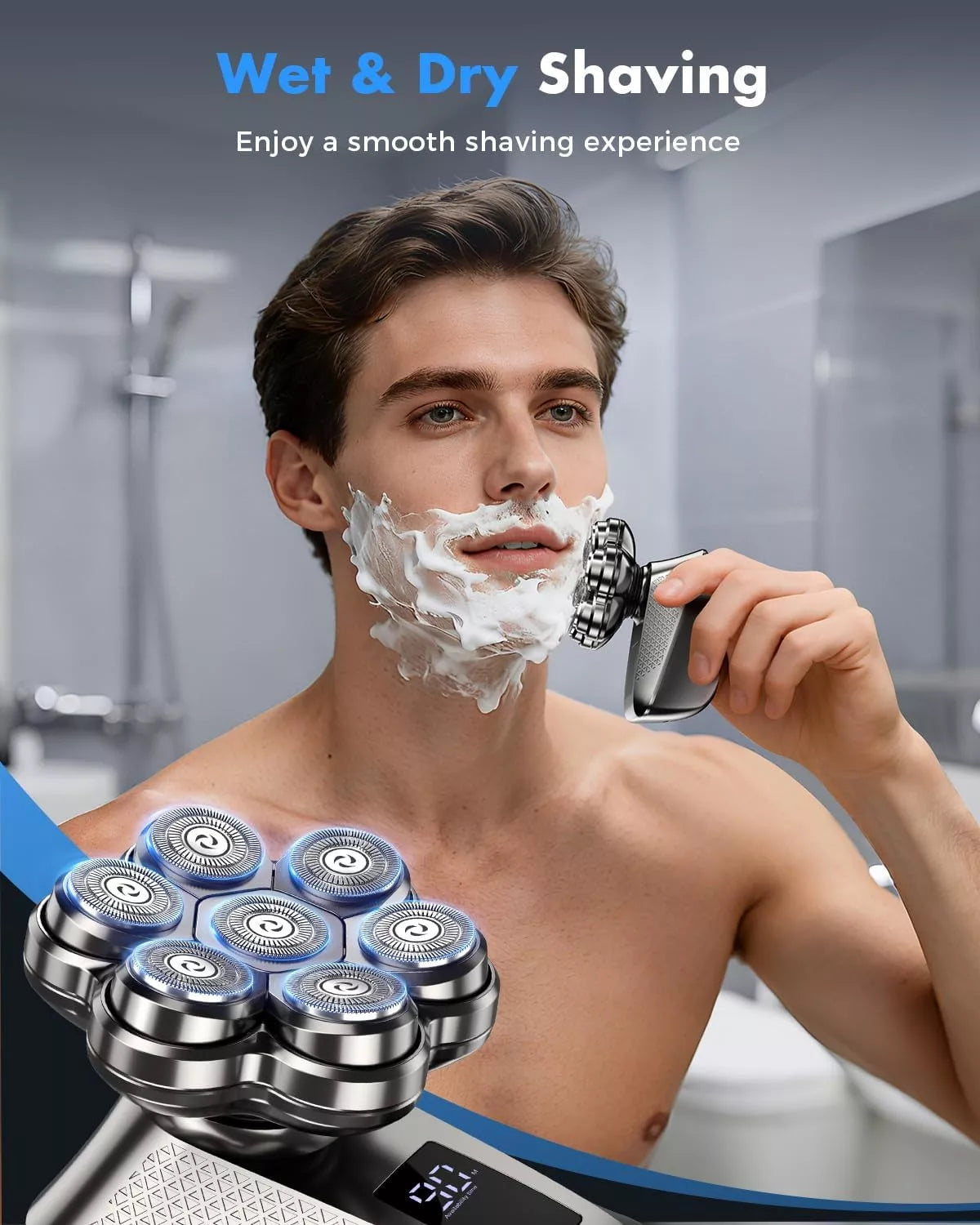 Man using the TEPOTZ Magnetic 90 shaver for wet and dry facial shaving