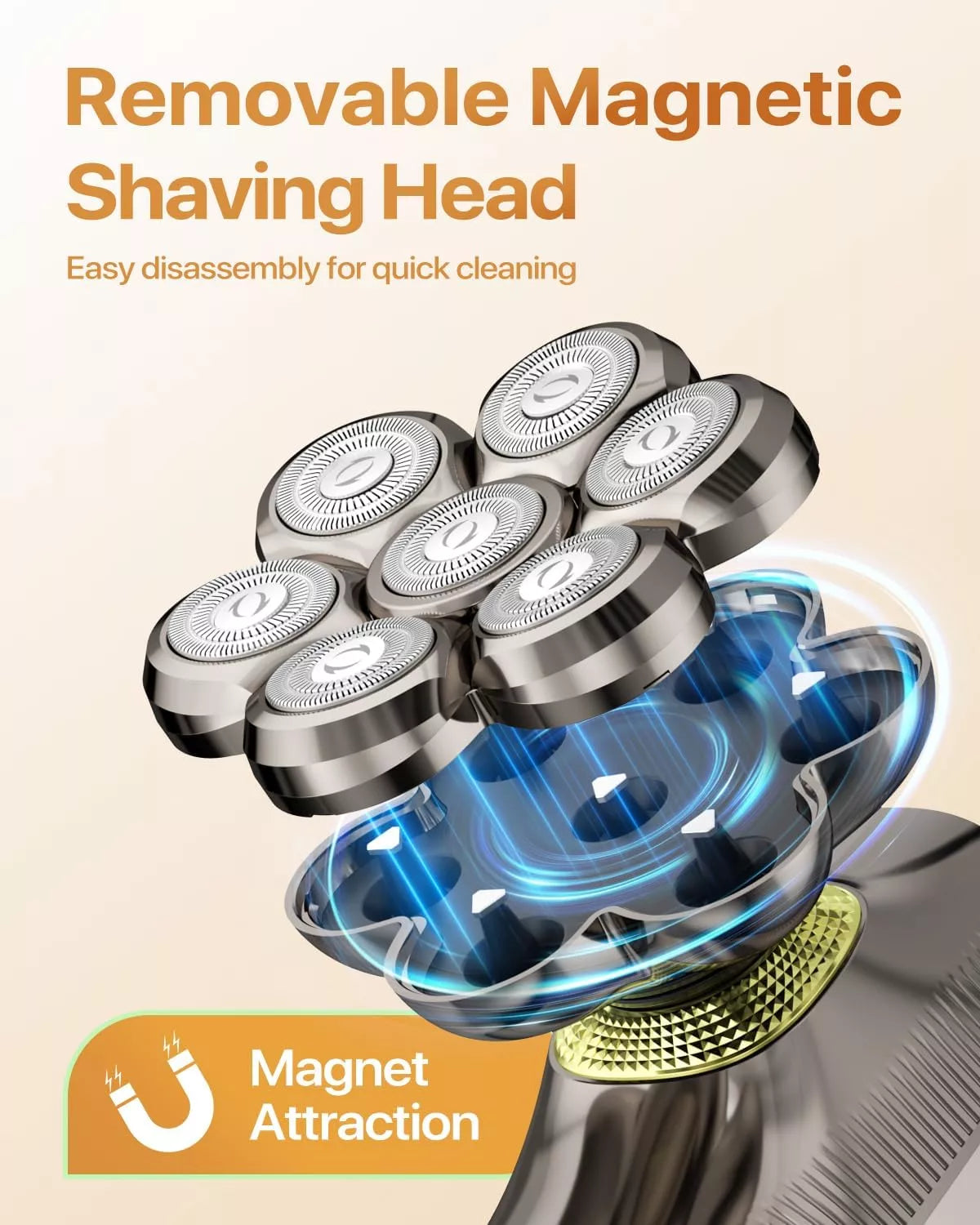 Removable magnetic 7D shaving head on the BaldCare Pro 120