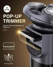 Built-in pop-up trimmer for mustache and sideburn detailing