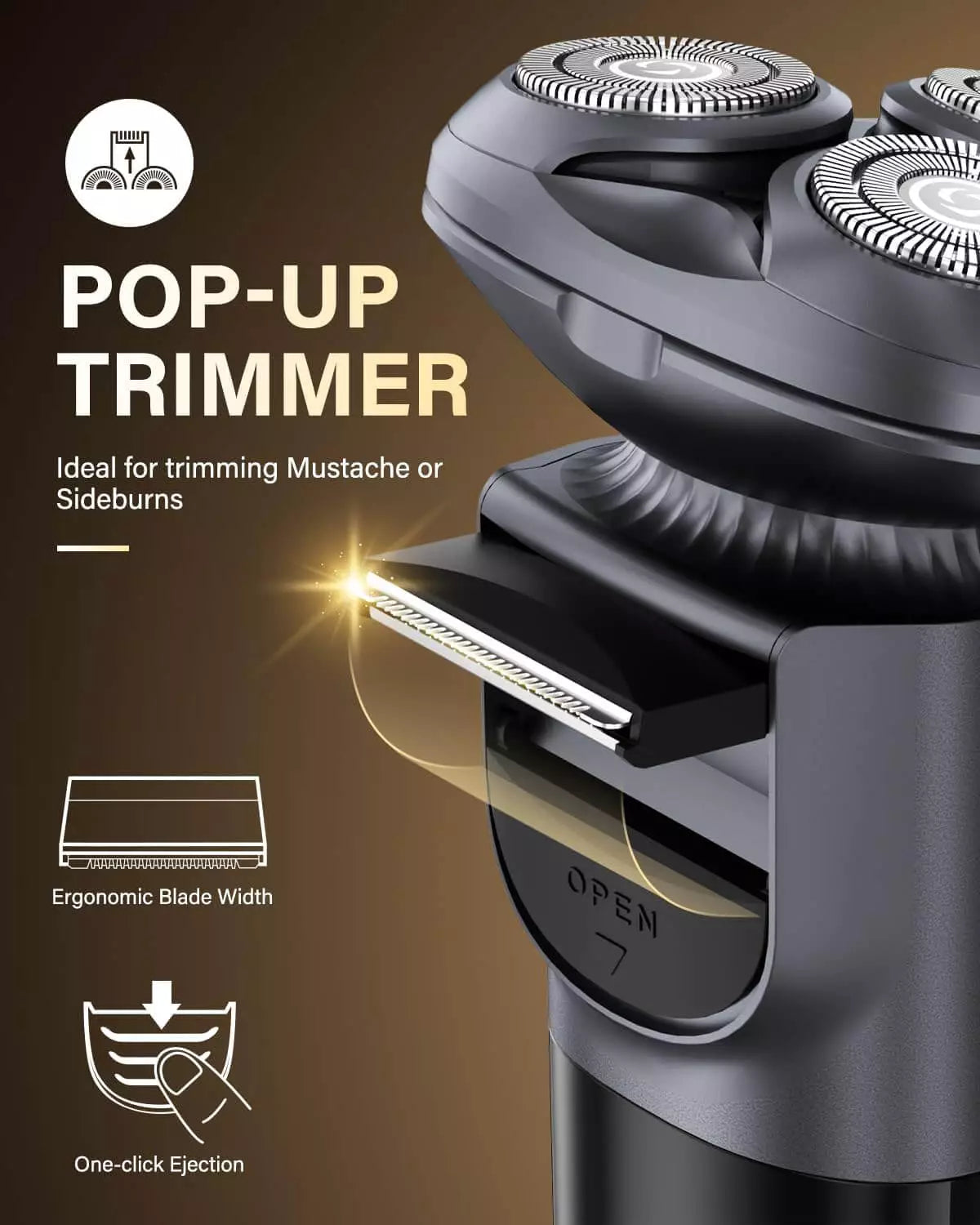 Built-in pop-up trimmer for mustache and sideburn detailing