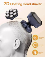 Dark blue 7D floating head shaver following the scalp contour