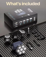 Dark blue BaldCare Pro 120 with grooming attachments and USB-C cable
