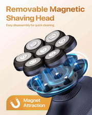 Magnetic 7D shaving head detached from the dark blue BaldCare Pro 120
