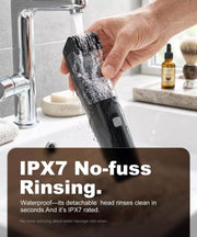 BeardVac Precision detachable head being rinsed under a faucet