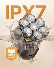 IPX7 waterproof BaldCare Pro 120 shaver shown in a water splash