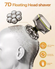 Seven floating rotary heads contouring to a bald scalp